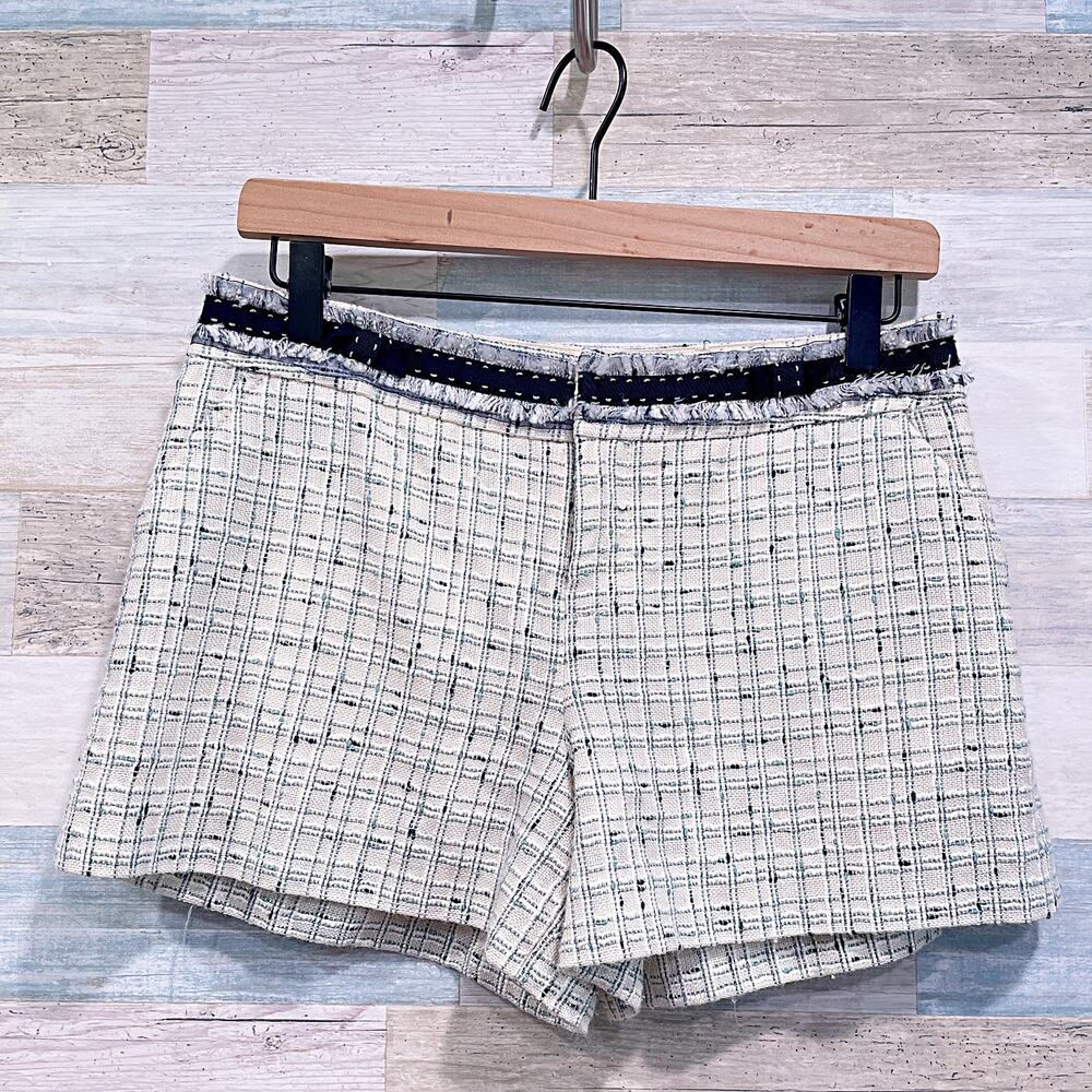 REBECCA TAYLOR Tweed Fringe Tailored Shorts Blue Beige Lined Casual Womens 2
